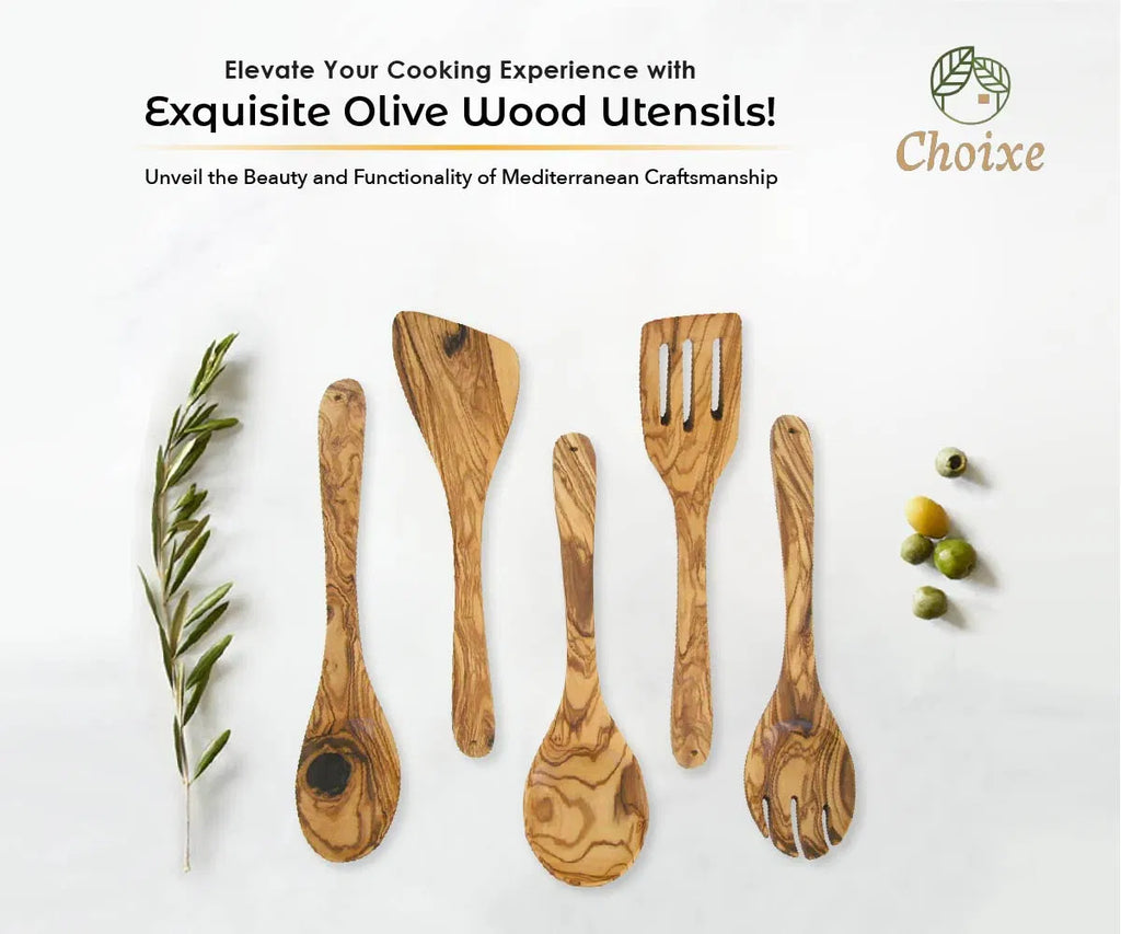 Choixe 5-Piece Olive Wood Kitchen Utensil Set, Hand Carved Wooden Cooking Spoons & Spatula for Nonstick Cookware