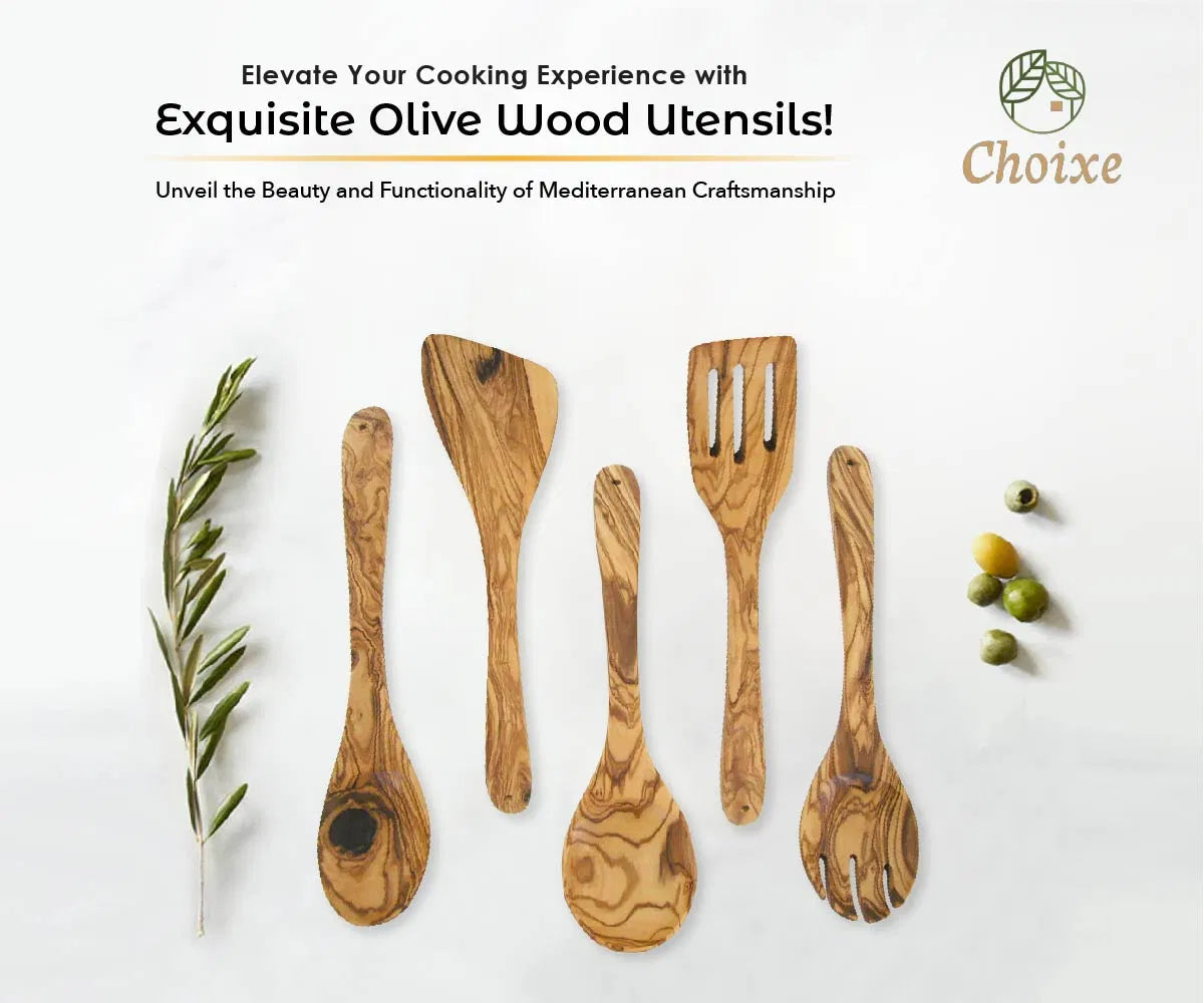 Choixe 5-Piece Olive Wood Kitchen Utensil Set, Hand Carved Wooden Cooking Spoons & Spatula for Nonstick Cookware