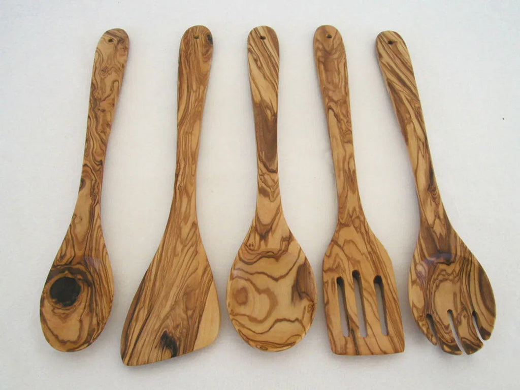 Choixe 5-Piece Olive Wood Kitchen Utensil Set, Hand Carved Wooden Cooking Spoons & Spatula for Nonstick Cookware