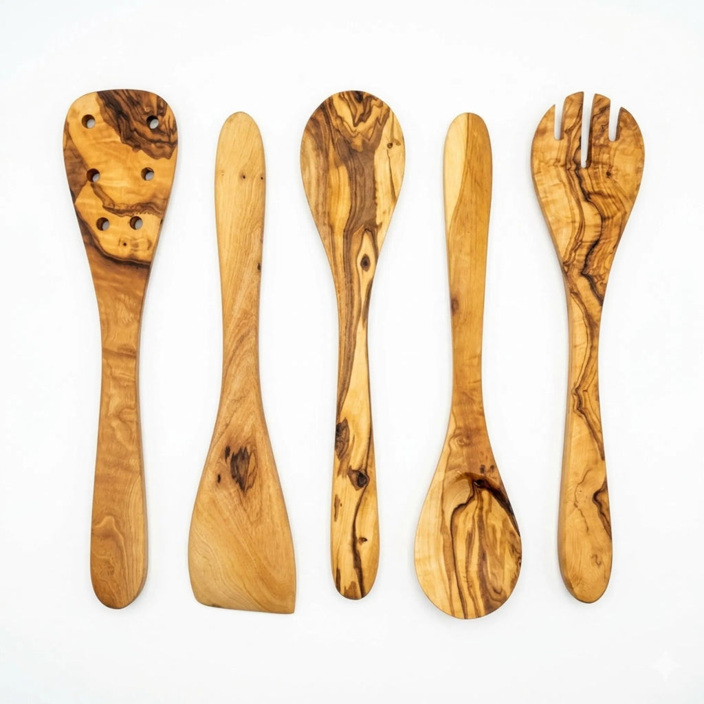 Choixe 5-Piece Olive Wood Kitchen Utensil Set, Hand Carved Wooden Cooking Spoons & Spatula for Nonstick Cookware