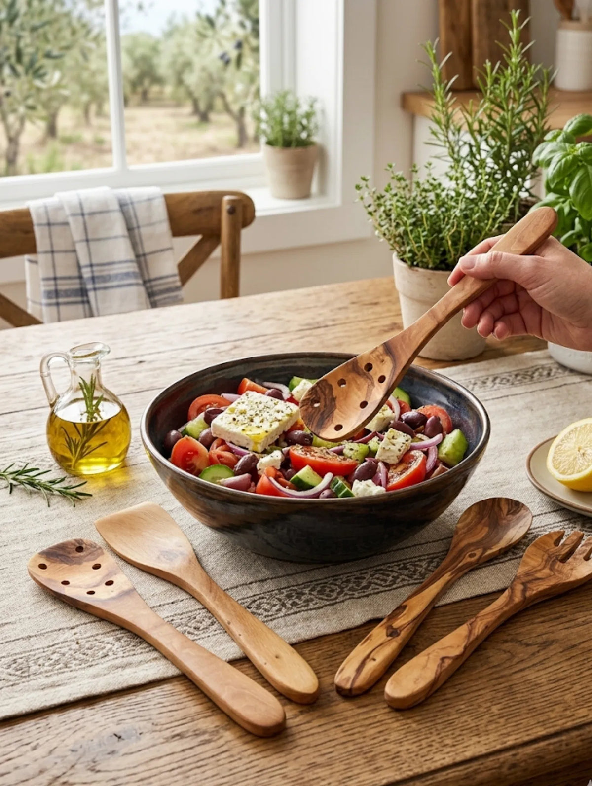 Choixe 5-Piece Olive Wood Kitchen Utensil Set, Hand Carved Wooden Cooking Spoons & Spatula for Nonstick Cookware