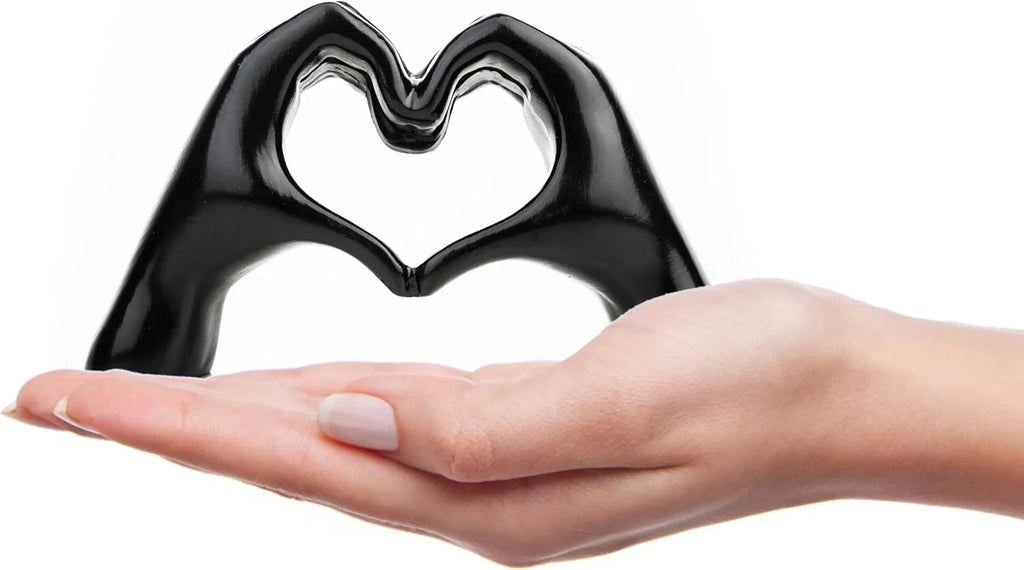 Black Heart Hands Sculpture Decor, Modern Love Finger Statue, Small Ceramic Tabletop Figurine for Living Room, Bookshelf, Coffee Table, Unique Gift for Wedding, Christmas & Birthday