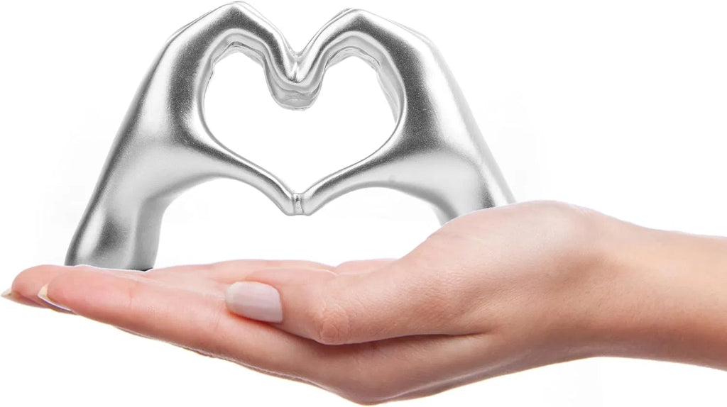 Silver Heart Hands Sculpture Decor, Modern Love Gesture Statue, Small Tabletop Figurine for Shelf, Coffee Table, Unique Gift for Anniversary, Wedding & Valentine’s Day
