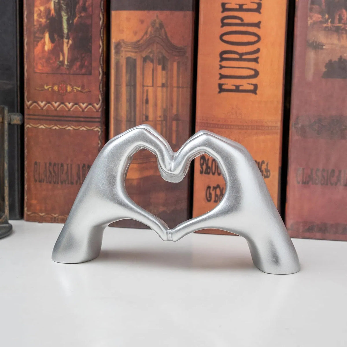 Silver Heart Hands Sculpture Decor, Modern Love Gesture Statue, Small Tabletop Figurine for Shelf, Coffee Table, Unique Gift for Anniversary, Wedding & Valentine’s Day