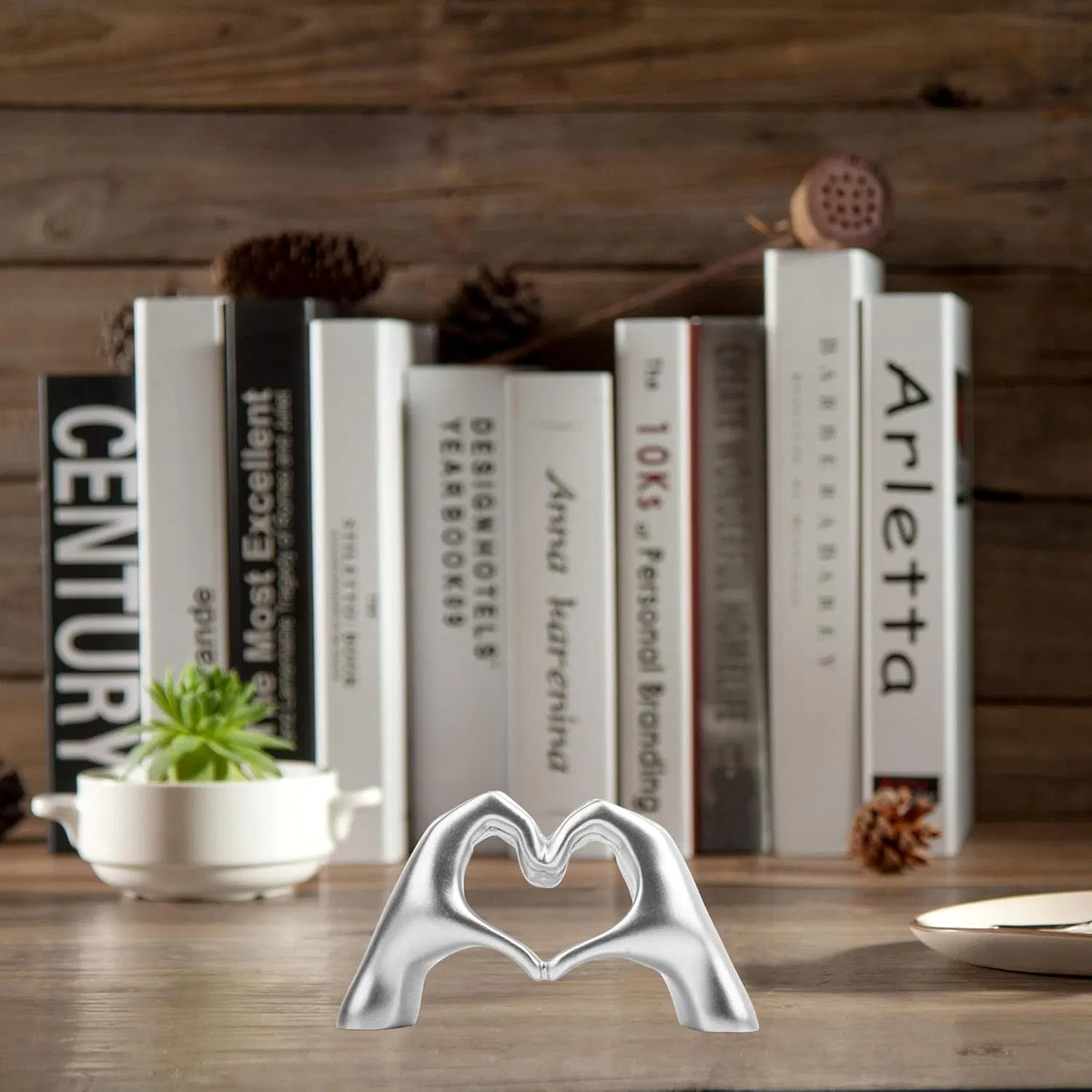 Silver Heart Hands Sculpture Decor, Modern Love Gesture Statue, Small Tabletop Figurine for Shelf, Coffee Table, Unique Gift for Anniversary, Wedding & Valentine’s Day