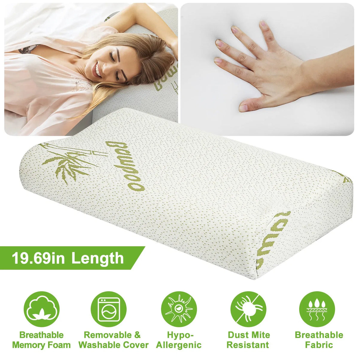 Ergonomic Contour Bamboo Memory Foam Pillow, Neck Support Pillow for Side & Back Sleepers, Breathable Washable Bamboo Cover, Relieve Neck & Shoulder Pain