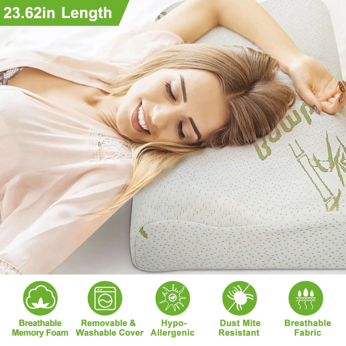 Ergonomic Contour Bamboo Memory Foam Pillow, Neck Support Pillow for Side & Back Sleepers, Breathable Washable Bamboo Cover, Relieve Neck & Shoulder Pain