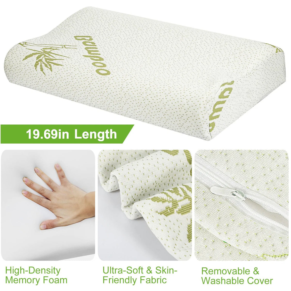 Ergonomic Contour Bamboo Memory Foam Pillow, Neck Support Pillow for Side & Back Sleepers, Breathable Washable Bamboo Cover, Relieve Neck & Shoulder Pain