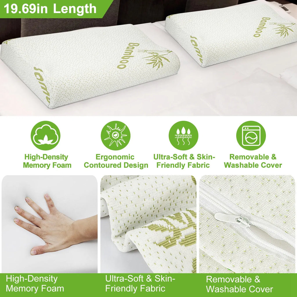 Ergonomic Contour Bamboo Memory Foam Pillow, Neck Support Pillow for Side & Back Sleepers, Breathable Washable Bamboo Cover, Relieve Neck & Shoulder Pain