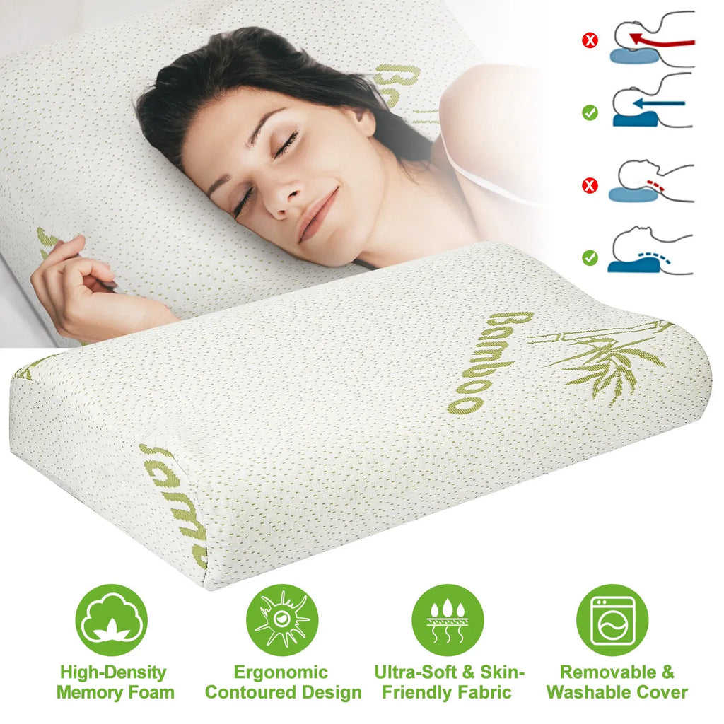 Bamboo Memory Foam Contour Pillow, Ergonomic Cervical Neck Support Pillow for Side & Back Sleepers, Washable Bamboo Fiber Pillow Cover