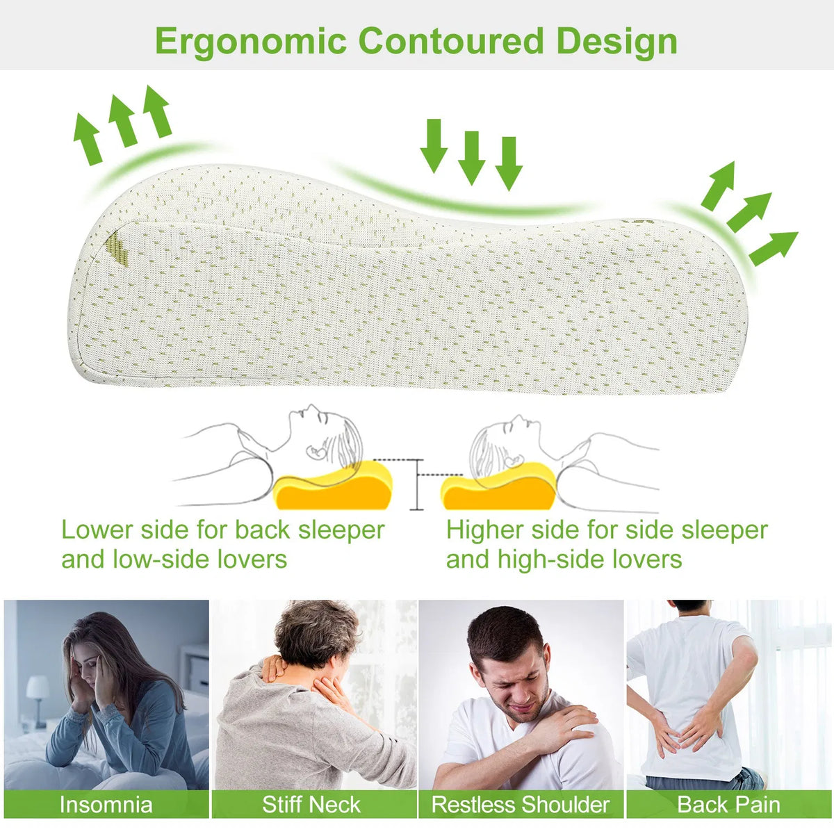 Bamboo Contour Memory Foam Cervical Pillow, Ergonomic Neck Support Pillow for Side & Back Sleepers, Washable Zippered Bamboo Cover, Relieve Neck & Shoulder Pain