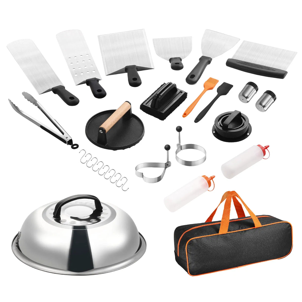 28Pcs Griddle Accessories Kit, Stainless Steel Flat Top Grill Tools Set with Basting Cover, Burger Press, Spatulas, Tong & Storage Bag for Outdoor BBQ Teppanyaki