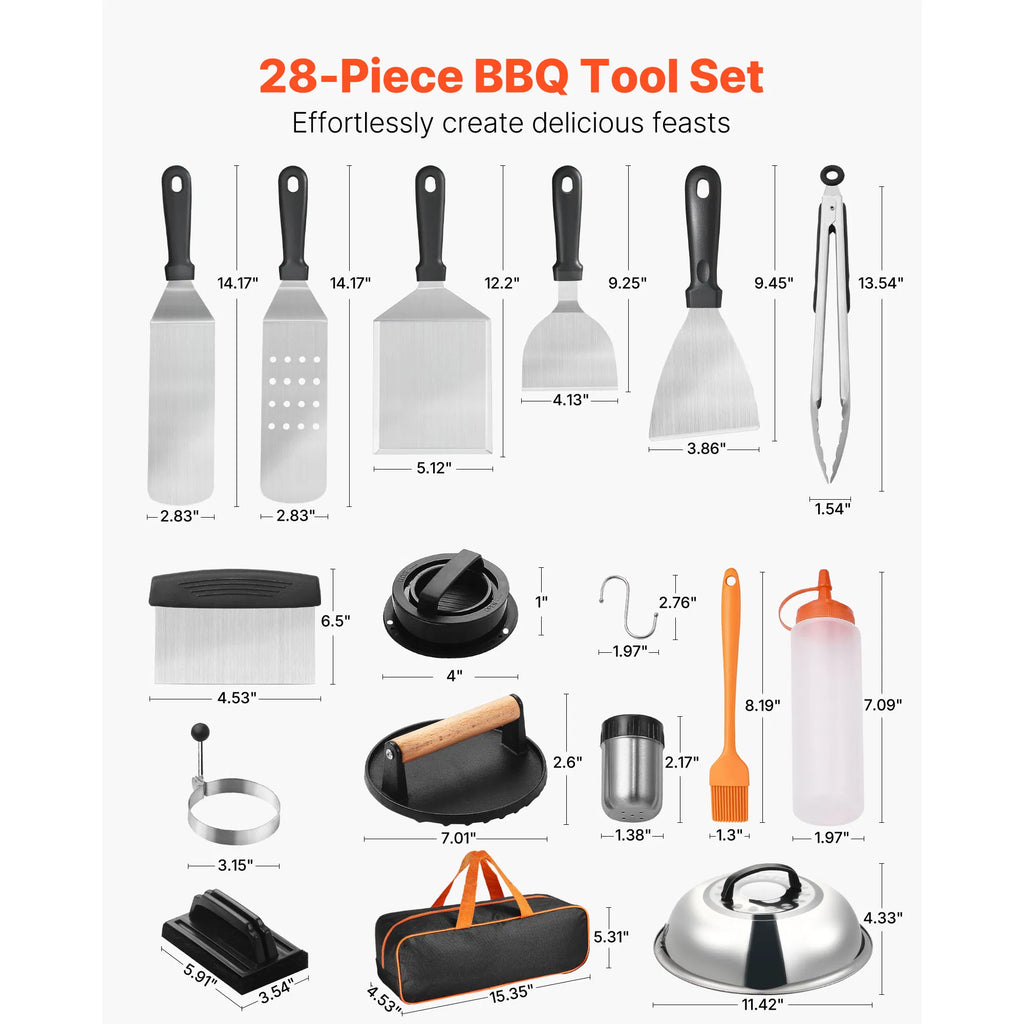 28Pcs Griddle Accessories Kit, Stainless Steel Flat Top Grill Tools Set with Basting Cover, Burger Press, Spatulas, Tong & Storage Bag for Outdoor BBQ Teppanyaki