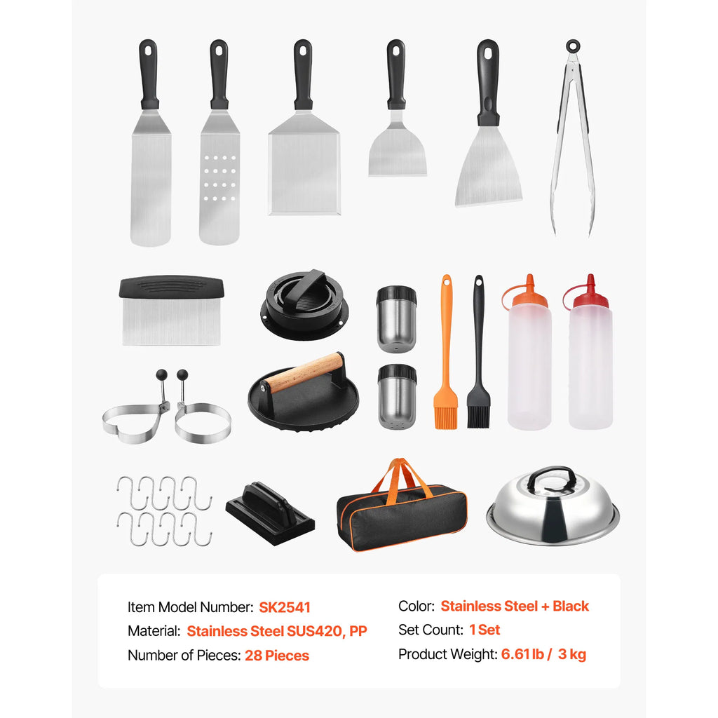 28Pcs Griddle Accessories Kit, Stainless Steel Flat Top Grill Tools Set with Basting Cover, Burger Press, Spatulas, Tong & Storage Bag for Outdoor BBQ Teppanyaki