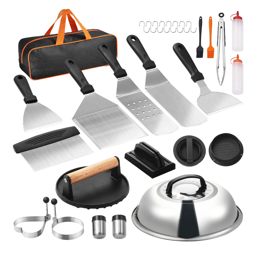28Pcs Griddle Accessories Kit, Stainless Steel Flat Top Grill Tools Set with Basting Cover, Burger Press, Spatulas, Tong & Storage Bag for Outdoor BBQ Teppanyaki