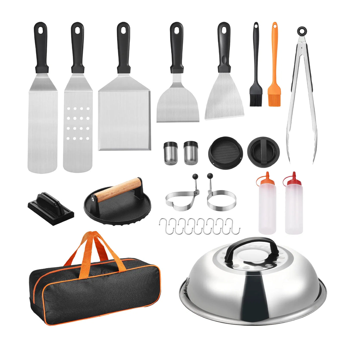 28Pcs Griddle Accessories Kit, Stainless Steel Flat Top Grill Tools Set with Basting Cover, Burger Press, Spatulas, Tong & Storage Bag for Outdoor BBQ Teppanyaki