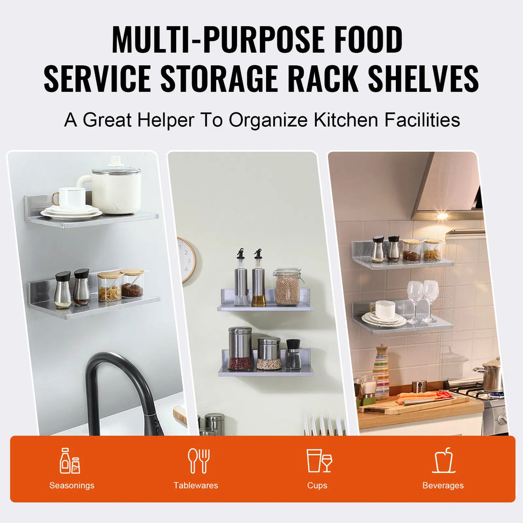 2 Pack 16 Inch Stainless Steel Wall Mount Floating Shelves, L-Shape Heavy Duty Kitchen Storage Rack, 44 lbs Load Capacity for Restaurant Home Organizer