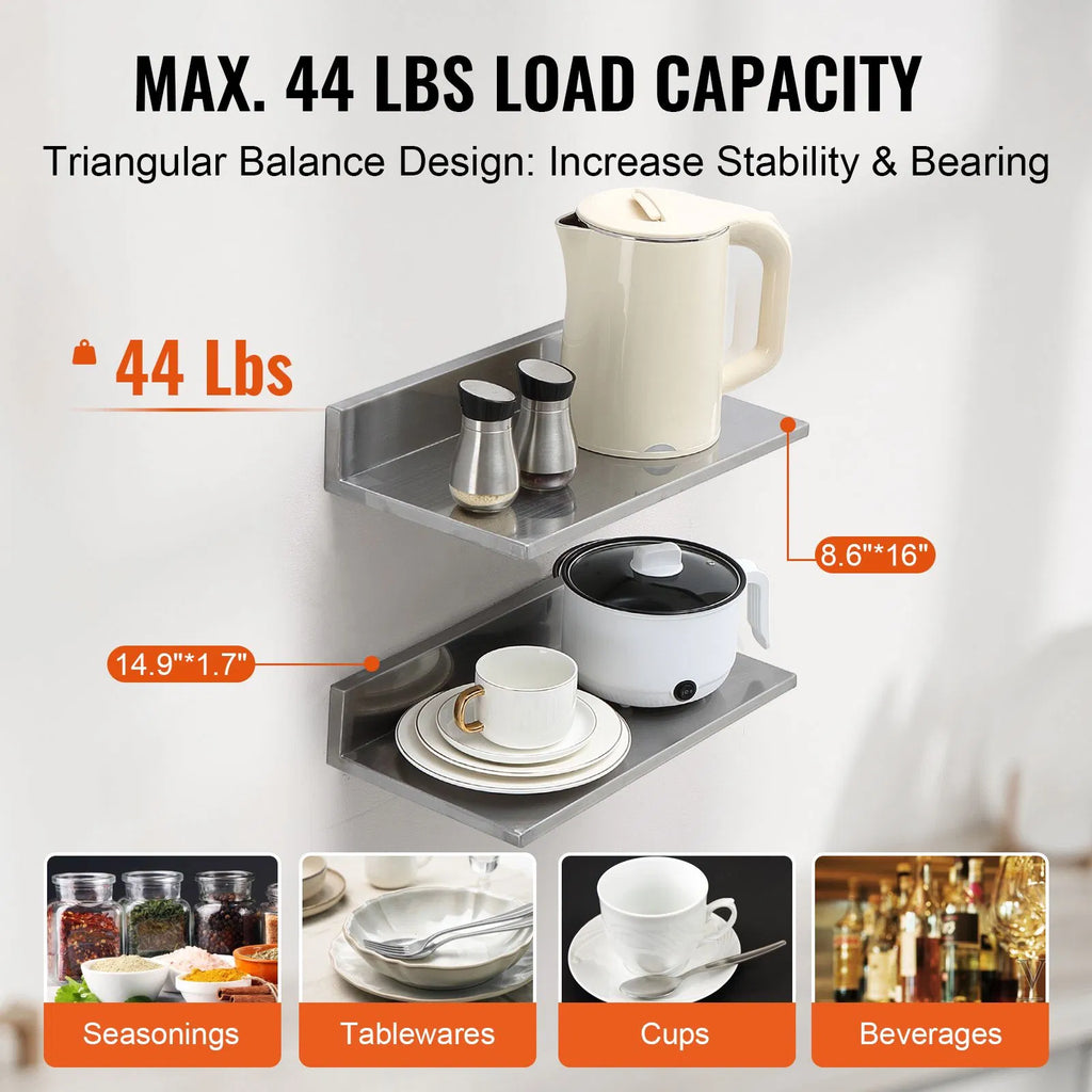 2 Pack 16 Inch Stainless Steel Wall Mount Floating Shelves, L-Shape Heavy Duty Kitchen Storage Rack, 44 lbs Load Capacity for Restaurant Home Organizer