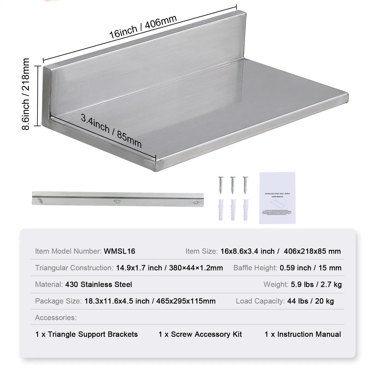2 Pack 16 Inch Stainless Steel Wall Mount Floating Shelves, L-Shape Heavy Duty Kitchen Storage Rack, 44 lbs Load Capacity for Restaurant Home Organizer
