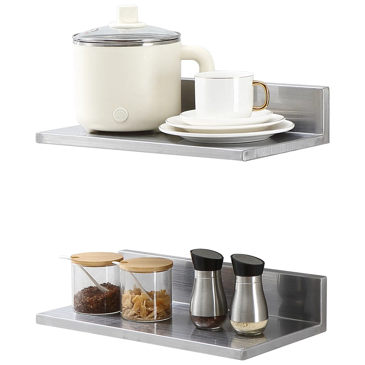 2 Pack 16 Inch Stainless Steel Wall Mount Floating Shelves, L-Shape Heavy Duty Kitchen Storage Rack, 44 lbs Load Capacity for Restaurant Home Organizer