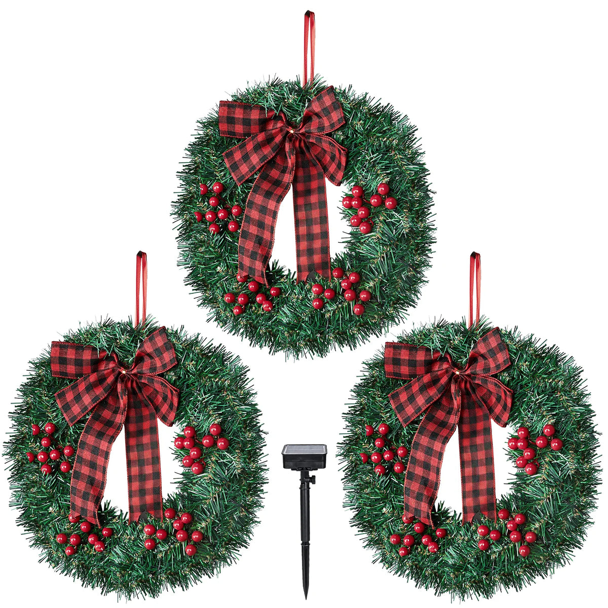 14in Solar Powered Christmas Wreath Set of 3, Pre-Lit 60 Warm White LEDs, Red Berries & Buffalo Plaid Bow, Outdoor Weather Resistant Holiday Wreath for Porch Fence Yard Decor