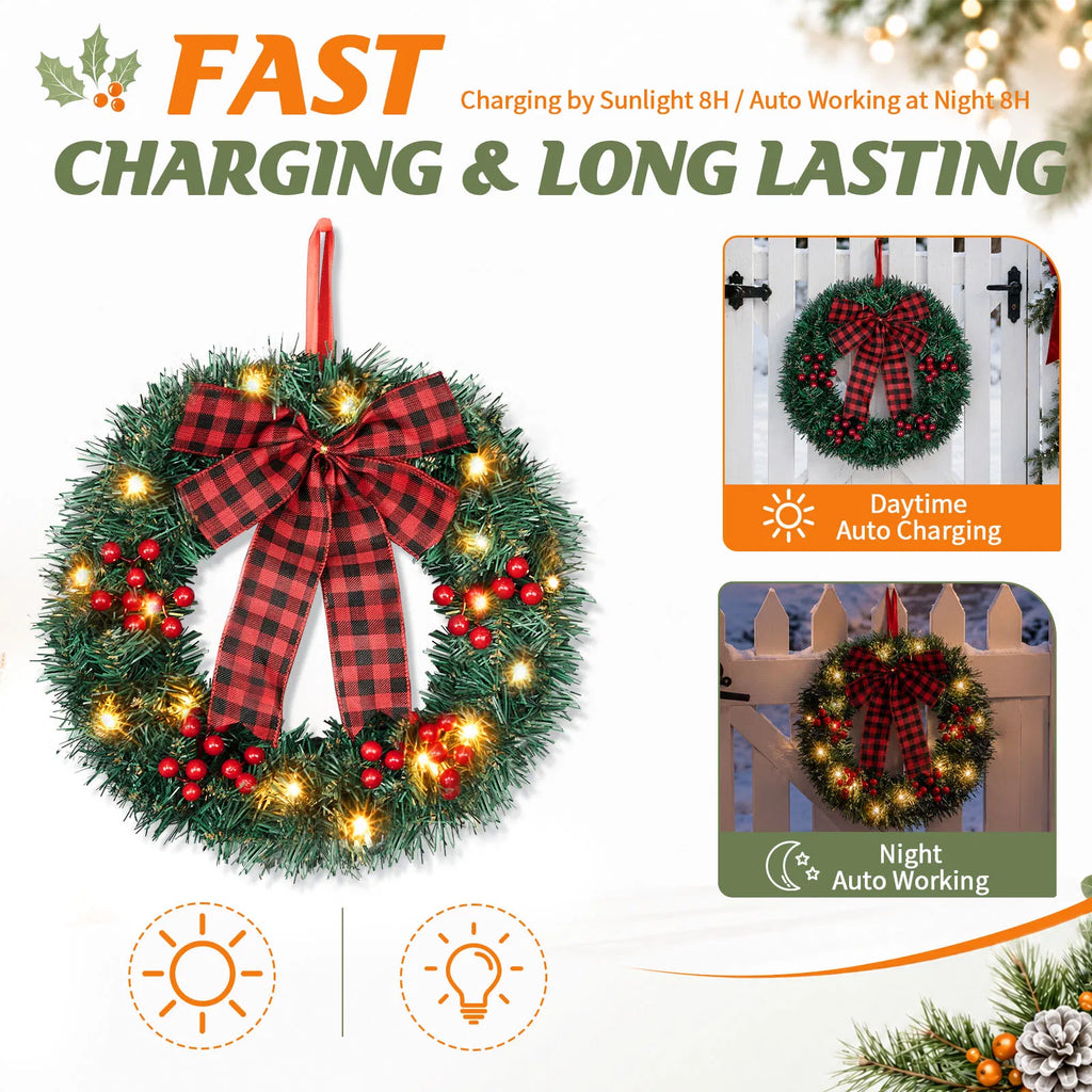 14in Solar Powered Christmas Wreath Set of 3, Pre-Lit 60 Warm White LEDs, Red Berries & Buffalo Plaid Bow, Outdoor Weather Resistant Holiday Wreath for Porch Fence Yard Decor