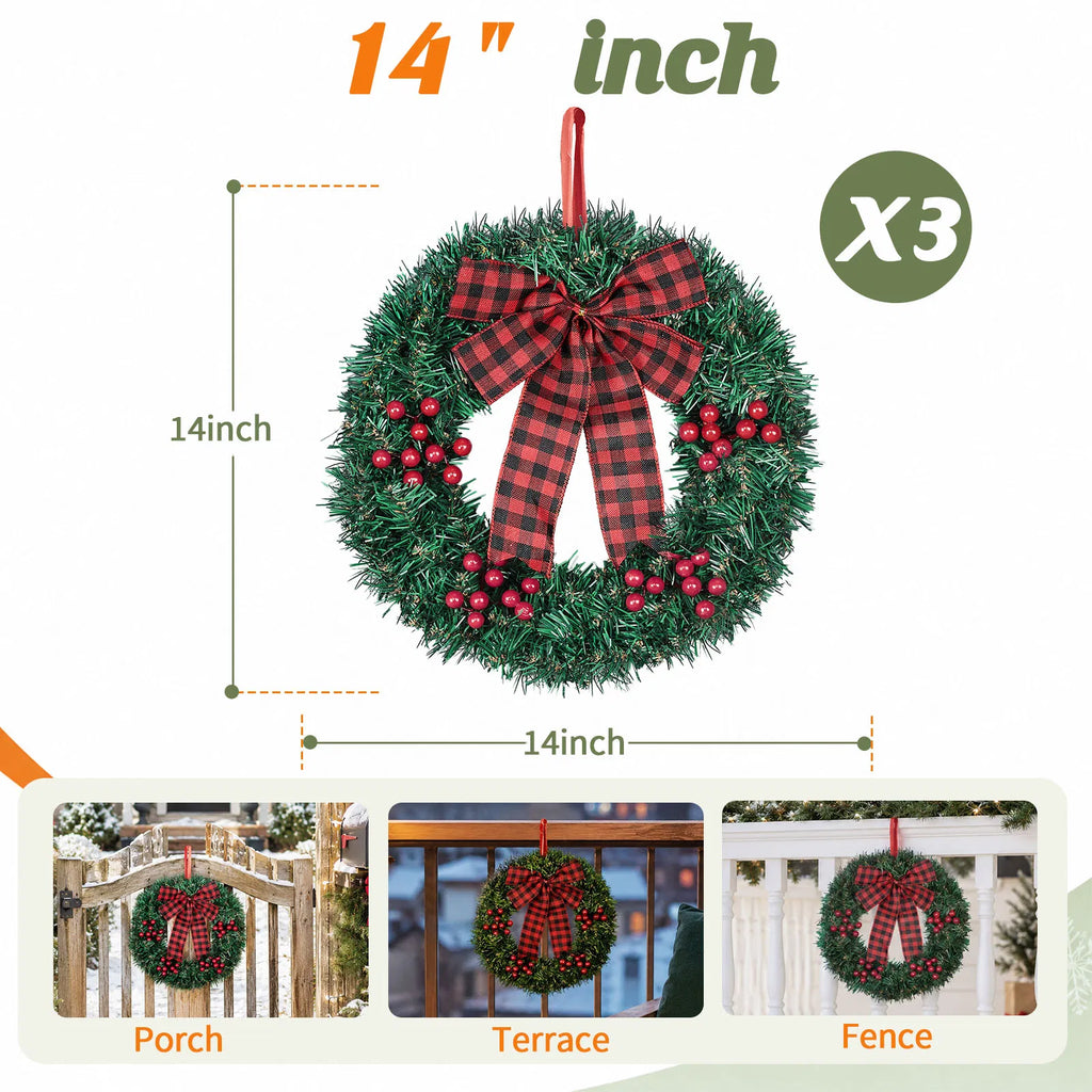 14in Solar Powered Christmas Wreath Set of 3, Pre-Lit 60 Warm White LEDs, Red Berries & Buffalo Plaid Bow, Outdoor Weather Resistant Holiday Wreath for Porch Fence Yard Decor