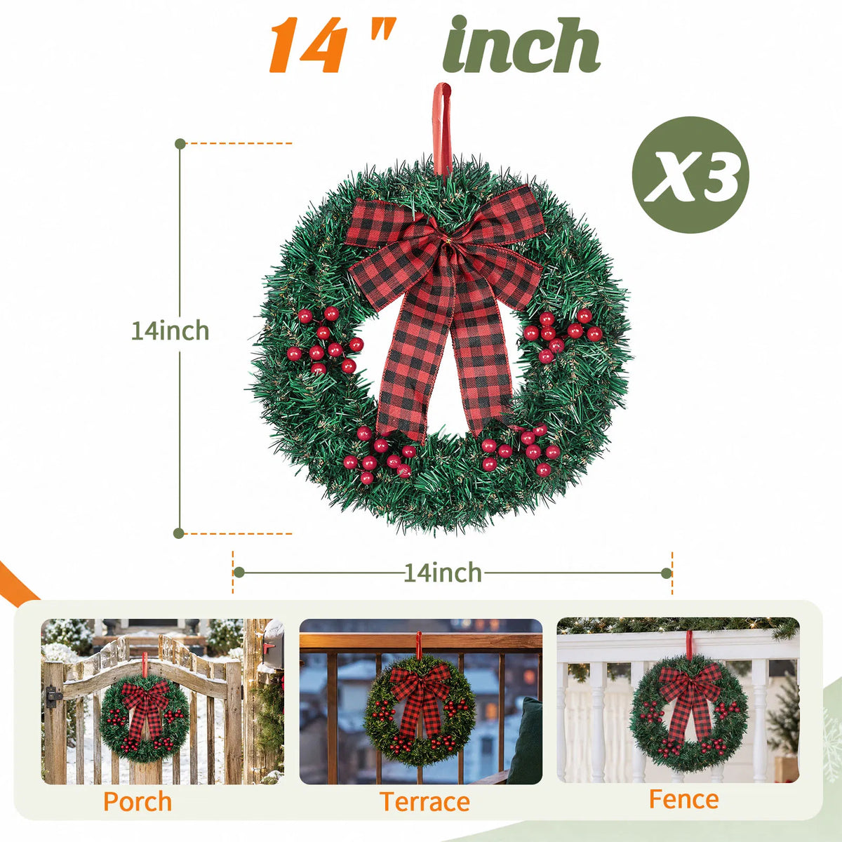14in Solar Powered Christmas Wreath Set of 3, Pre-Lit 60 Warm White LEDs, Red Berries & Buffalo Plaid Bow, Outdoor Weather Resistant Holiday Wreath for Porch Fence Yard Decor