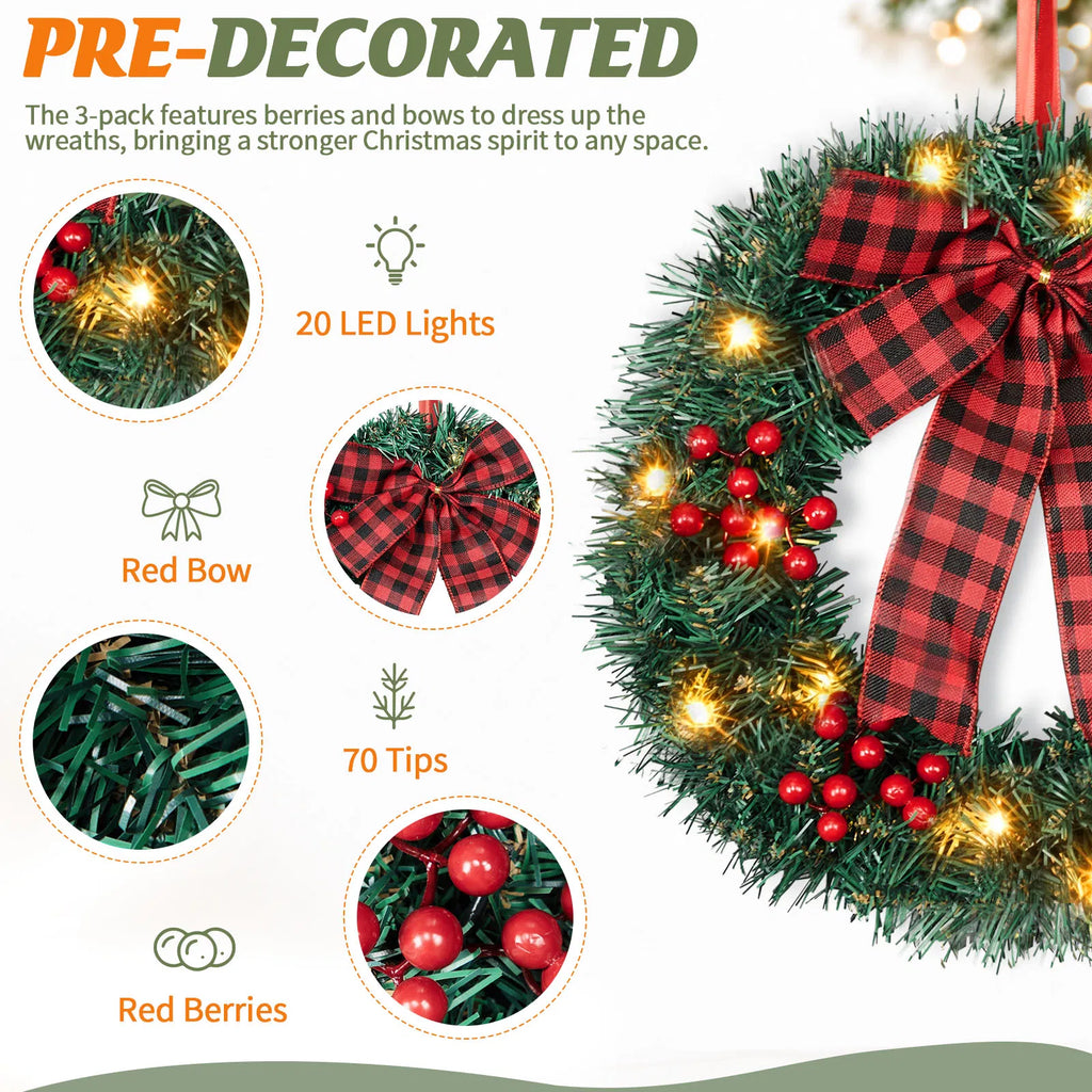 14in Solar Powered Christmas Wreath Set of 3, Pre-Lit 60 Warm White LEDs, Red Berries & Buffalo Plaid Bow, Outdoor Weather Resistant Holiday Wreath for Porch Fence Yard Decor