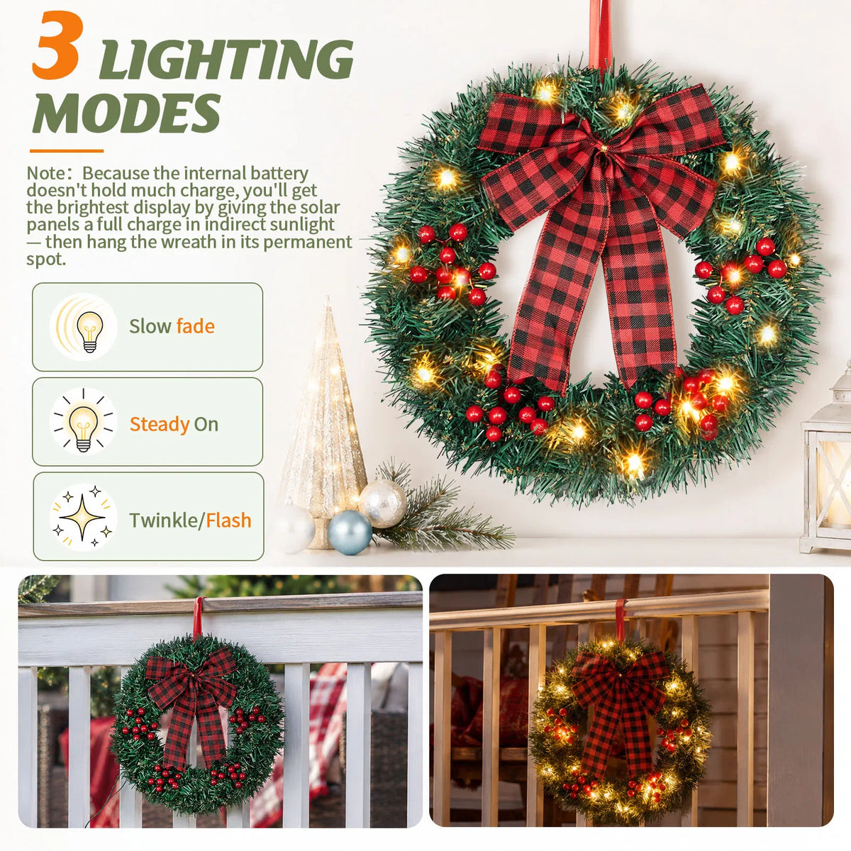 14in Solar Powered Christmas Wreath Set of 3, Pre-Lit 60 Warm White LEDs, Red Berries & Buffalo Plaid Bow, Outdoor Weather Resistant Holiday Wreath for Porch Fence Yard Decor