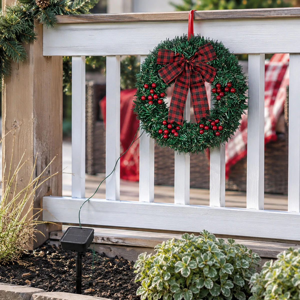 14in Solar Powered Christmas Wreath Set of 3, Pre-Lit 60 Warm White LEDs, Red Berries & Buffalo Plaid Bow, Outdoor Weather Resistant Holiday Wreath for Porch Fence Yard Decor