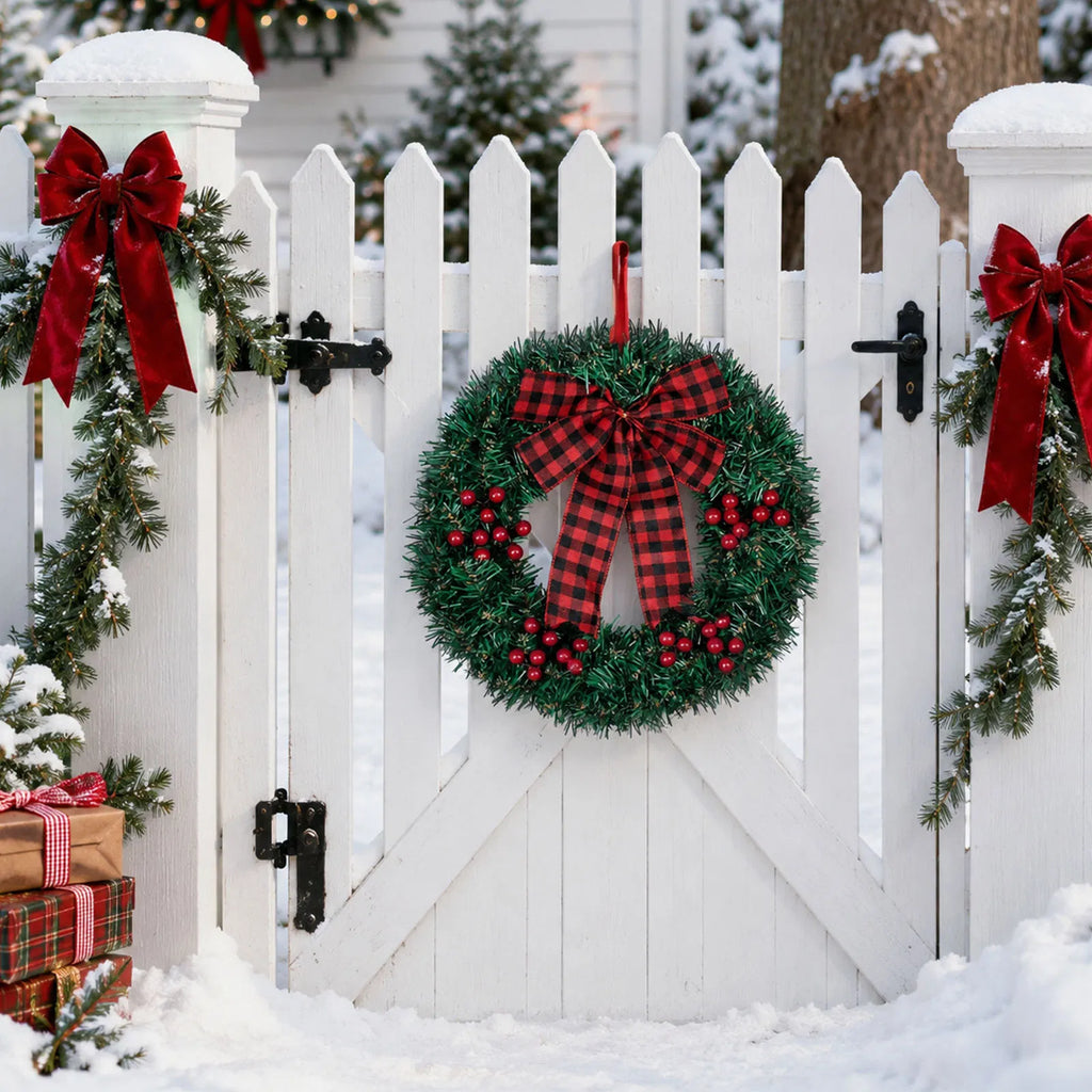 14in Solar Powered Christmas Wreath Set of 3, Pre-Lit 60 Warm White LEDs, Red Berries & Buffalo Plaid Bow, Outdoor Weather Resistant Holiday Wreath for Porch Fence Yard Decor