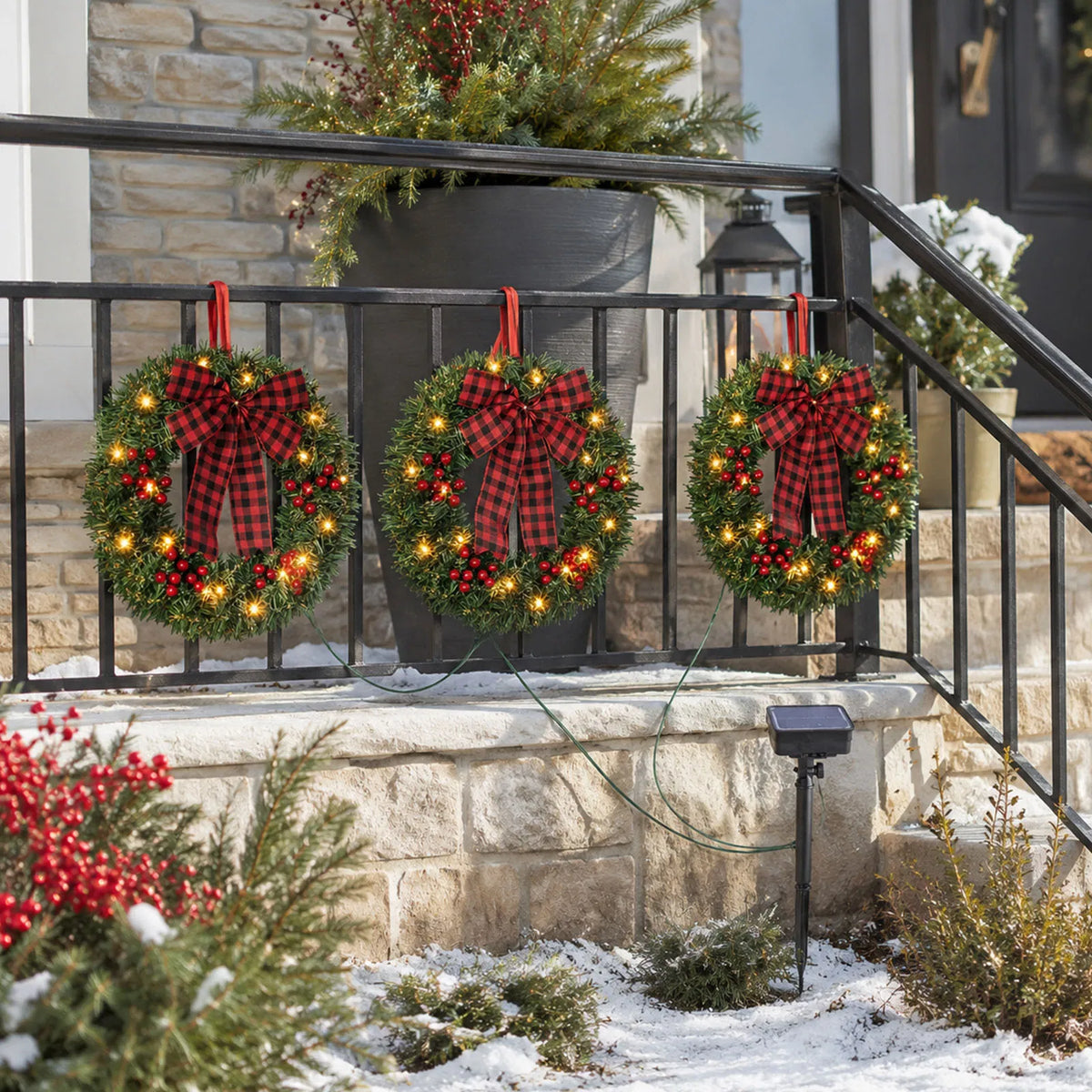 14in Solar Powered Christmas Wreath Set of 3, Pre-Lit 60 Warm White LEDs, Red Berries & Buffalo Plaid Bow, Outdoor Weather Resistant Holiday Wreath for Porch Fence Yard Decor