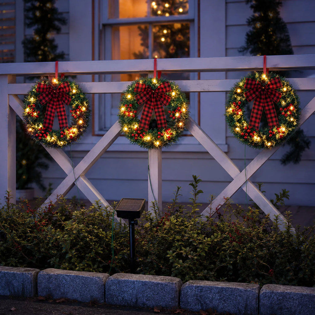 14in Solar Powered Christmas Wreath Set of 3, Pre-Lit 60 Warm White LEDs, Red Berries & Buffalo Plaid Bow, Outdoor Weather Resistant Holiday Wreath for Porch Fence Yard Decor