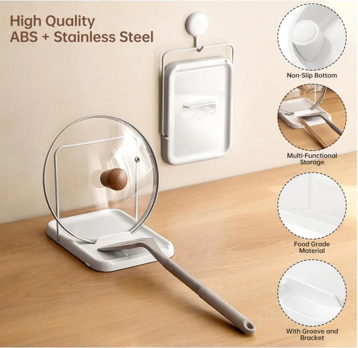 Foldable Pot Lid Holder, 2-in-1 Kitchen Spatula Spoon Rest, ABS & Stainless Steel Countertop & Wall Hanging Pot Lid Rack for Kitchen Counter Storage
