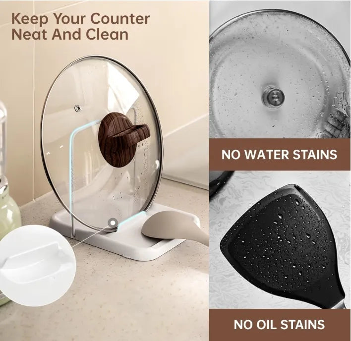 Foldable Pot Lid Holder, 2-in-1 Kitchen Spatula Spoon Rest, ABS & Stainless Steel Countertop & Wall Hanging Pot Lid Rack for Kitchen Counter Storage