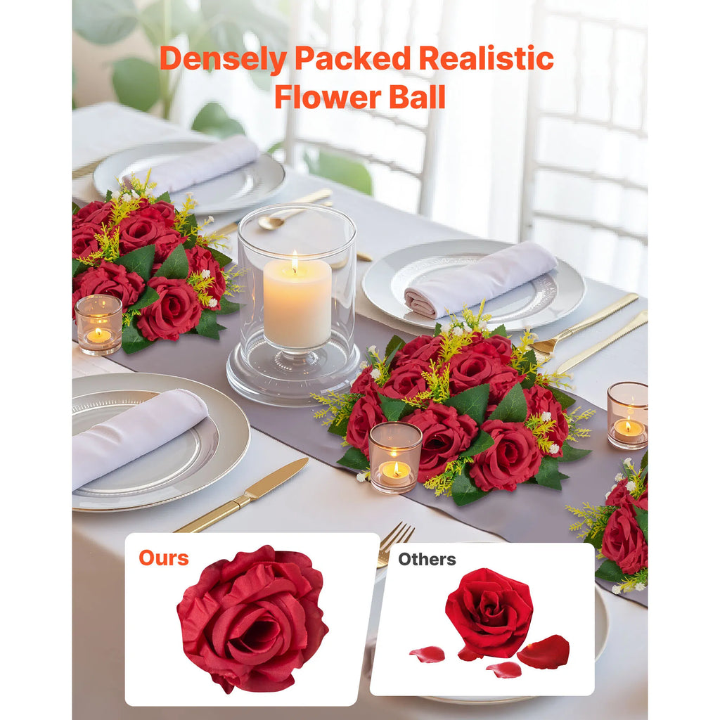 10 Pack 9.5 Inch Red Artificial Rose Flower Balls, Wedding Table Centerpieces, Silk Fake Kissing Floral Balls for Party, Reception, Home & Holiday Decor