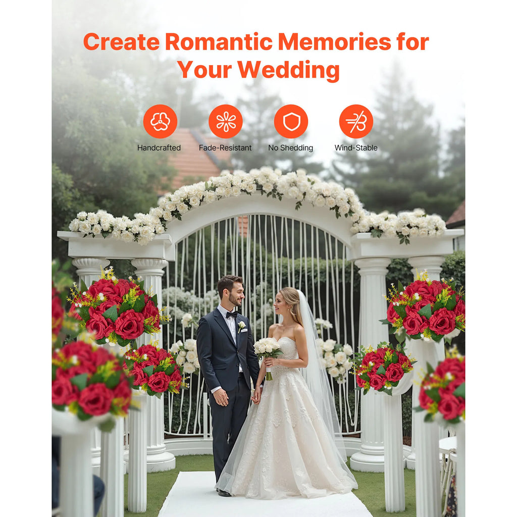10 Pack 9.5 Inch Red Artificial Rose Flower Balls, Wedding Table Centerpieces, Silk Fake Kissing Floral Balls for Party, Reception, Home & Holiday Decor