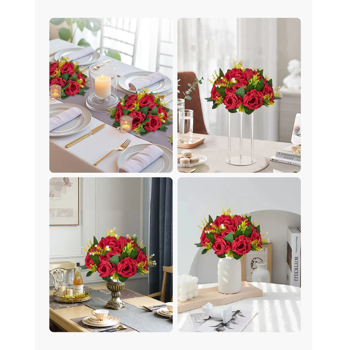 10 Pack 9.5 Inch Red Artificial Rose Flower Balls, Wedding Table Centerpieces, Silk Fake Kissing Floral Balls for Party, Reception, Home & Holiday Decor