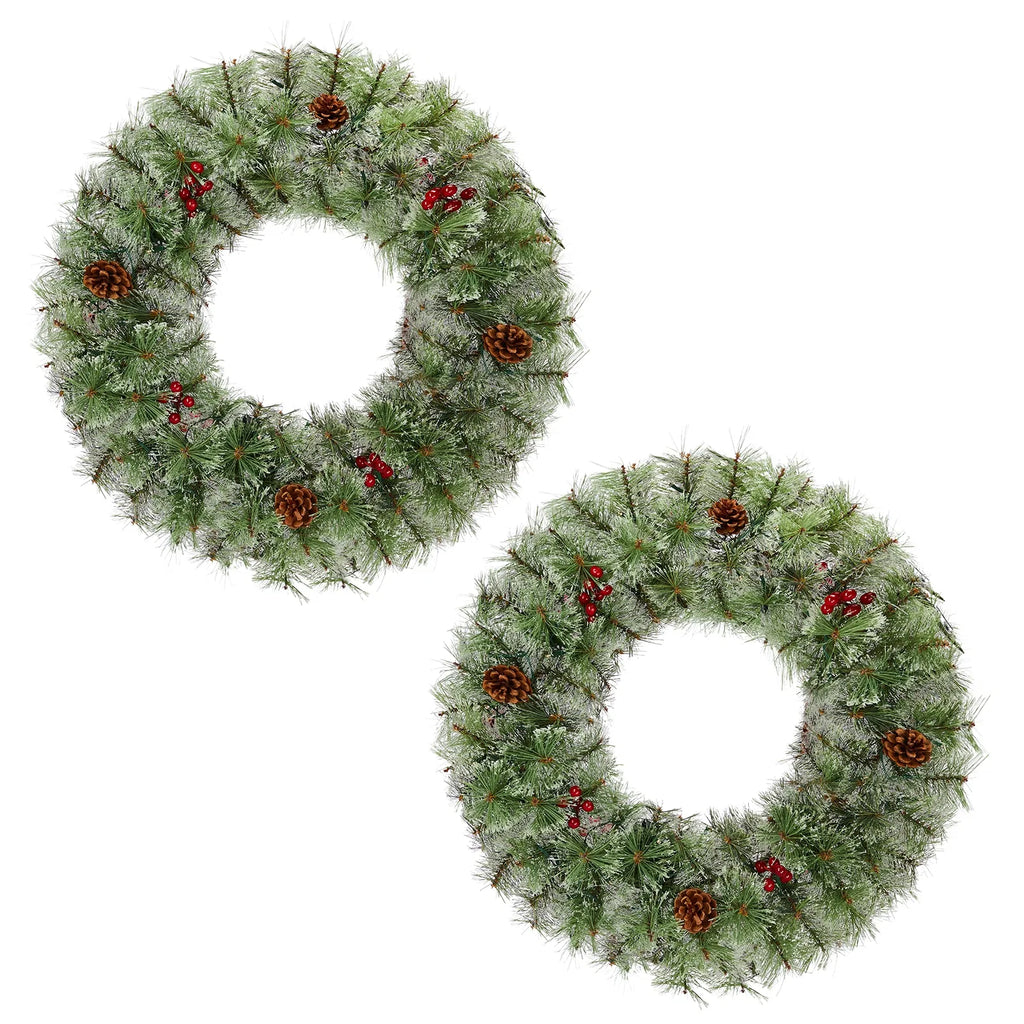2 Pack 24 Inch Pre-Lit Artificial Christmas Wreath, Snowy Green Wreath with 100 Warm White LED Lights, 8 Lighting Modes, Pine Cones & Red Berries for Front Door Holiday Decor