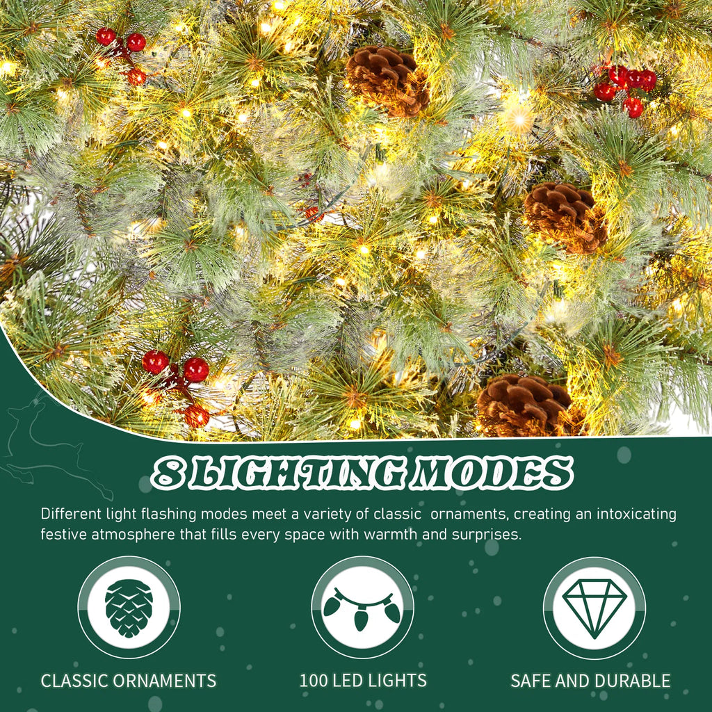 2 Pack 24 Inch Pre-Lit Artificial Christmas Wreath, Snowy Green Wreath with 100 Warm White LED Lights, 8 Lighting Modes, Pine Cones & Red Berries for Front Door Holiday Decor