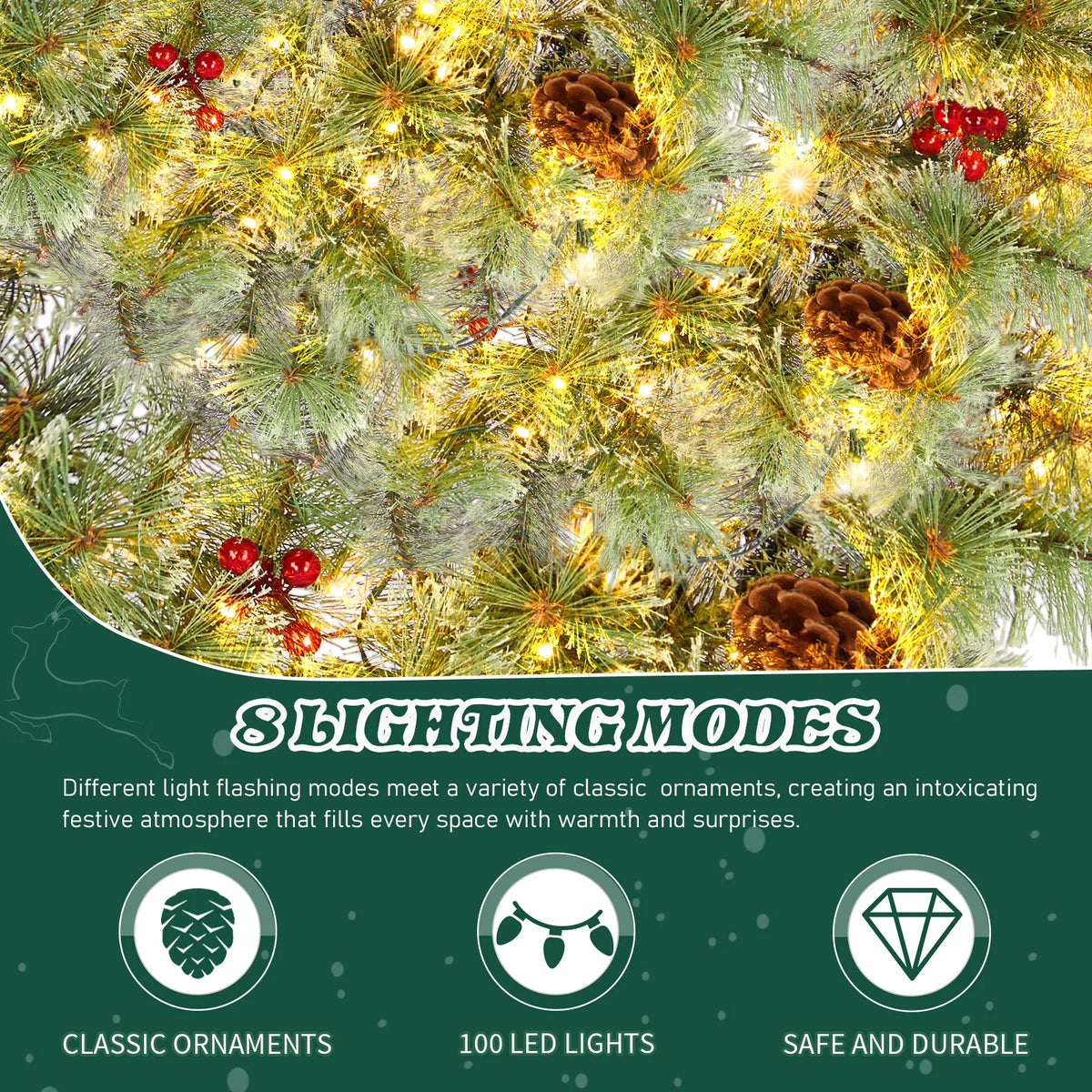 2 Pack 24 Inch Pre-Lit Artificial Christmas Wreath, Snowy Green Wreath with 100 Warm White LED Lights, 8 Lighting Modes, Pine Cones & Red Berries for Front Door Holiday Decor