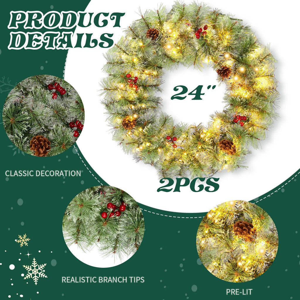 2 Pack 24 Inch Pre-Lit Artificial Christmas Wreath, Snowy Green Wreath with 100 Warm White LED Lights, 8 Lighting Modes, Pine Cones & Red Berries for Front Door Holiday Decor
