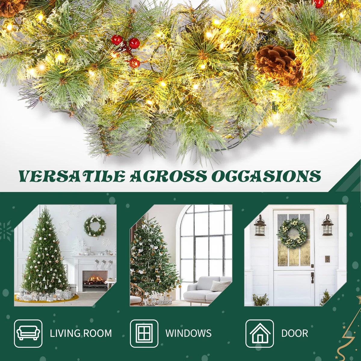 2 Pack 24 Inch Pre-Lit Artificial Christmas Wreath, Snowy Green Wreath with 100 Warm White LED Lights, 8 Lighting Modes, Pine Cones & Red Berries for Front Door Holiday Decor