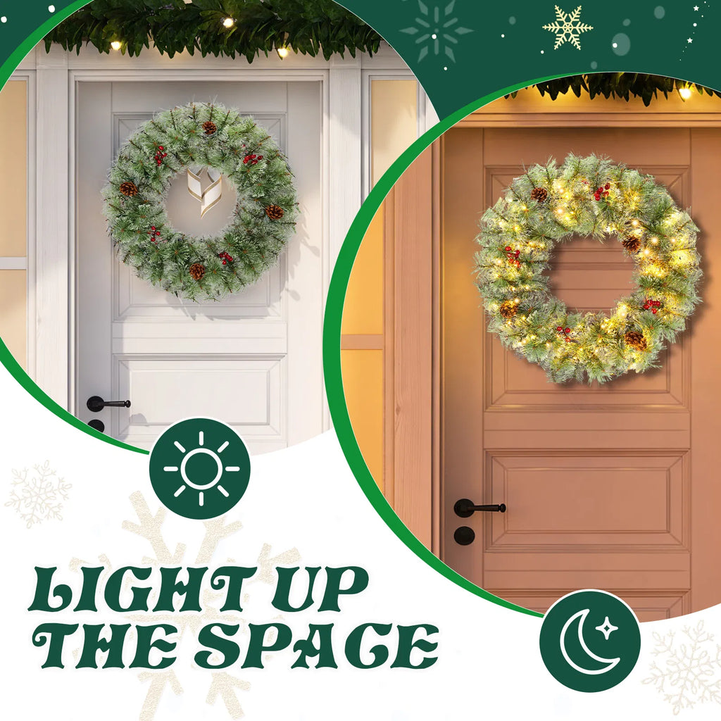 2 Pack 24 Inch Pre-Lit Artificial Christmas Wreath, Snowy Green Wreath with 100 Warm White LED Lights, 8 Lighting Modes, Pine Cones & Red Berries for Front Door Holiday Decor