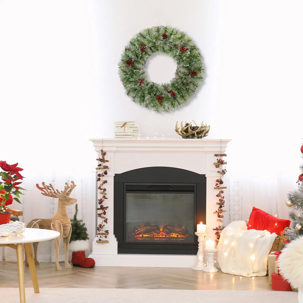 2 Pack 24 Inch Pre-Lit Artificial Christmas Wreath, Snowy Green Wreath with 100 Warm White LED Lights, 8 Lighting Modes, Pine Cones & Red Berries for Front Door Holiday Decor