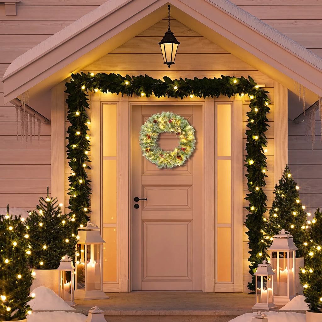 2 Pack 24 Inch Pre-Lit Artificial Christmas Wreath, Snowy Green Wreath with 100 Warm White LED Lights, 8 Lighting Modes, Pine Cones & Red Berries for Front Door Holiday Decor