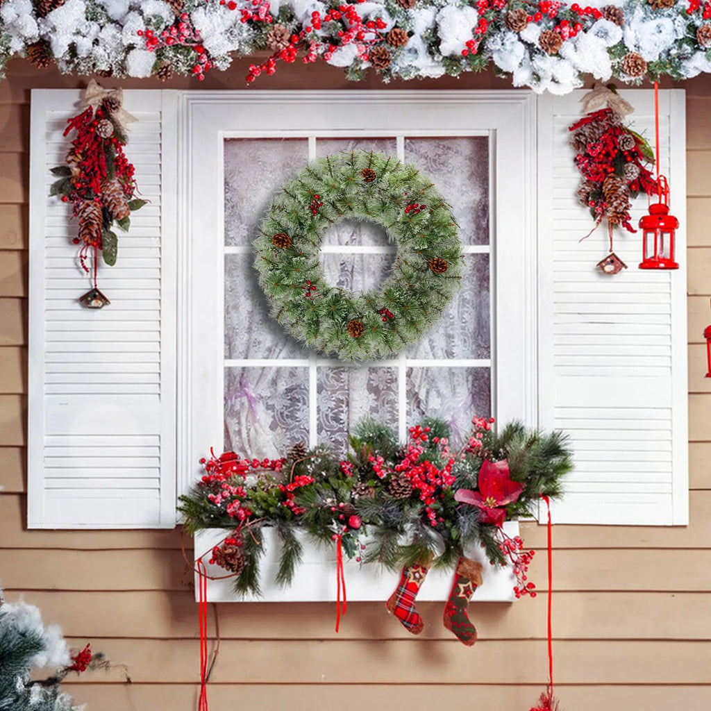 2 Pack 24 Inch Pre-Lit Artificial Christmas Wreath, Snowy Green Wreath with 100 Warm White LED Lights, 8 Lighting Modes, Pine Cones & Red Berries for Front Door Holiday Decor