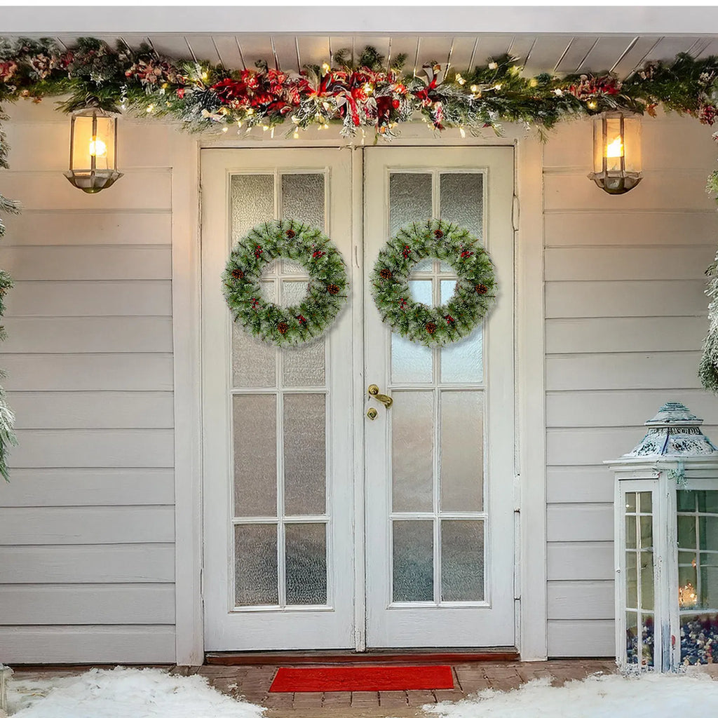 2 Pack 24 Inch Pre-Lit Artificial Christmas Wreath, Snowy Green Wreath with 100 Warm White LED Lights, 8 Lighting Modes, Pine Cones & Red Berries for Front Door Holiday Decor