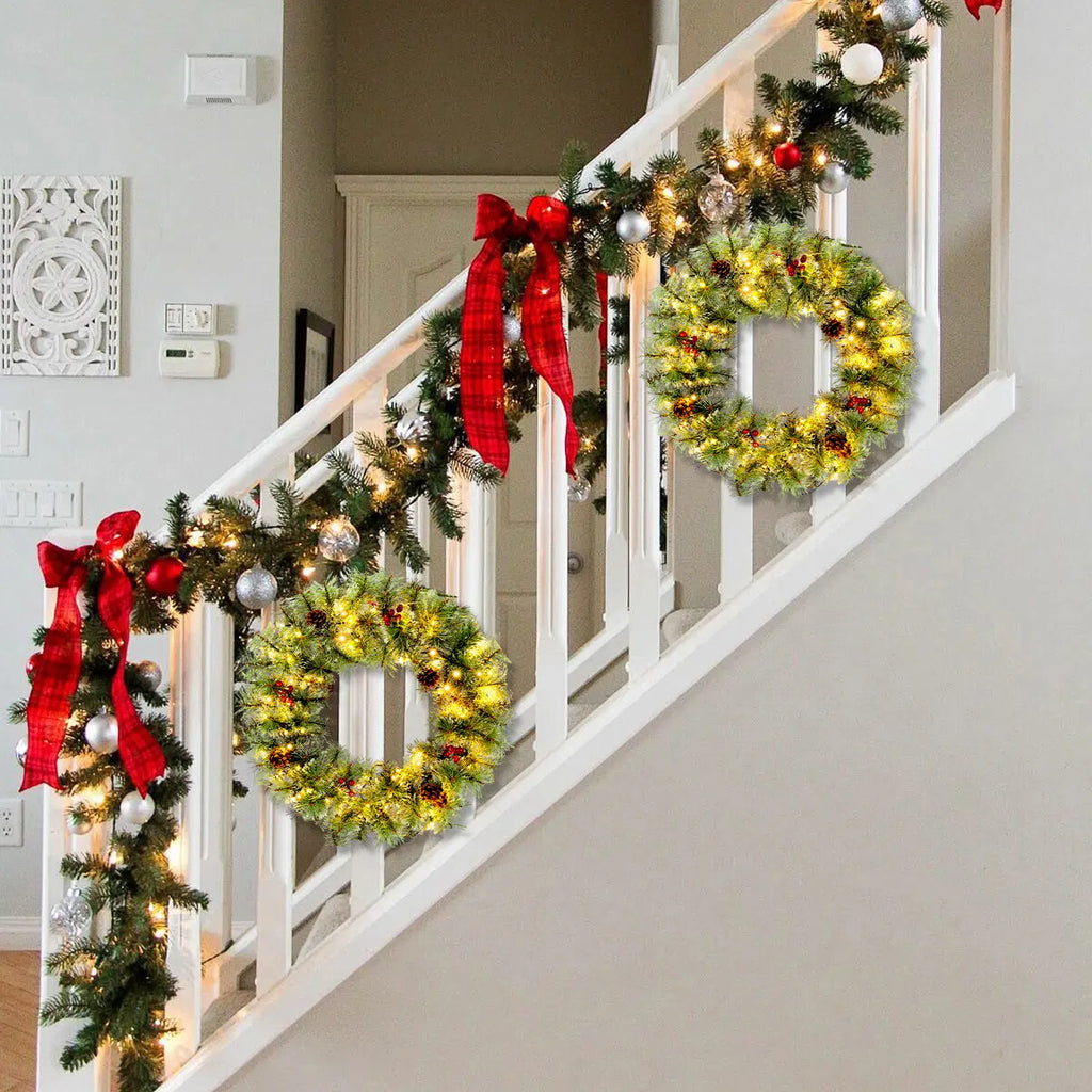 2 Pack 24 Inch Pre-Lit Artificial Christmas Wreath, Snowy Green Wreath with 100 Warm White LED Lights, 8 Lighting Modes, Pine Cones & Red Berries for Front Door Holiday Decor